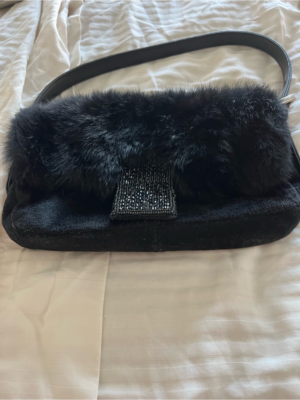 Black Faux Fur Evening Clutch with Beaded Closure